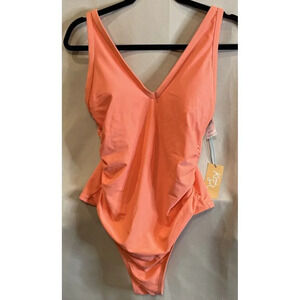 Kona Sol 14W Peach V-neck One Piece High Back Adjustable Straps Swimsuit NEW